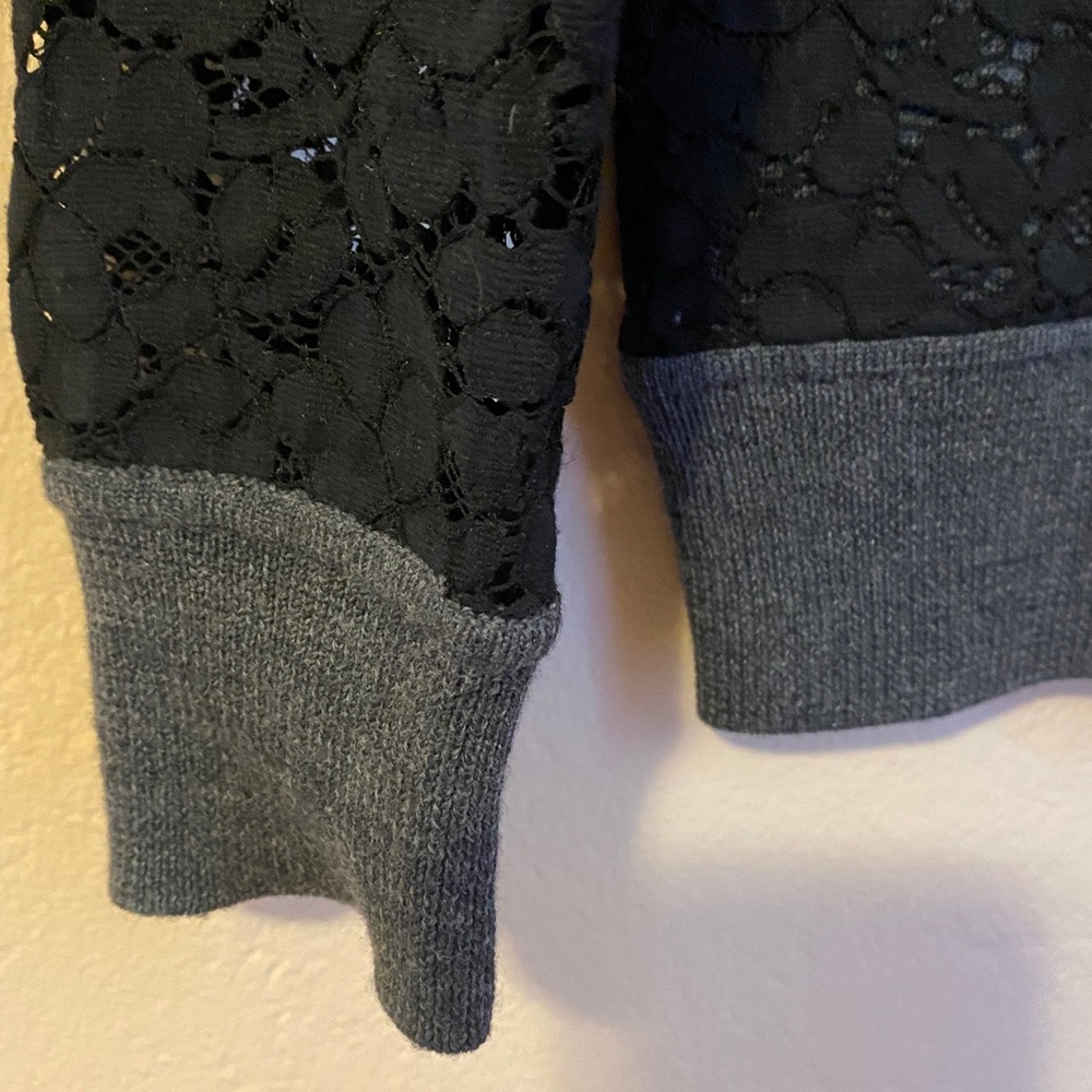 Tory Burch Kammy Grey Merino Wool Black Lace Sleeve Sweater Small - Picture 7 of 12